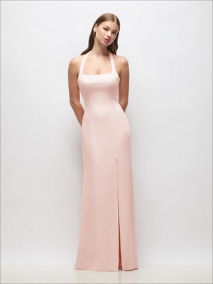Blush pink halter open-back trumpet gown with floor-length skirt and slit