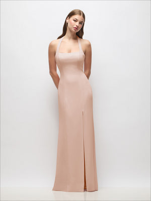 Blush tie halter trumpet gown with open back and floorlength column skirt