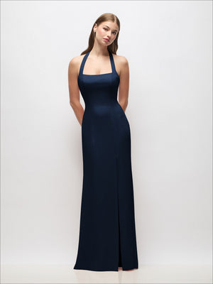 Midnight navy open-back halter trumpet gown with tie straps and side slit