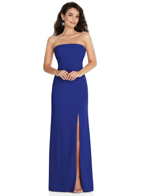 Blue strapless maxi dress with front slit