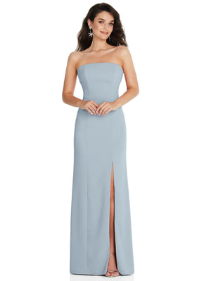 Light blue strapless maxi dress with front leg slit and fitted bodice.