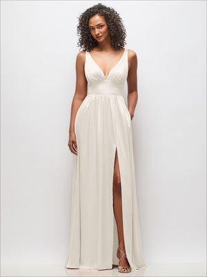 Ivory maxi dress with deep V-neck, shirred bust, sleeveless straps, and high front slit