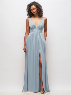 Dusty blue deep V-neck maxi dress with shirred waist, convertible straps, side slit