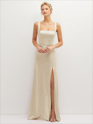 Square-neck satin A-line maxi dress, sleeveless champagne with front slit