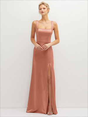 Square-neck satin A-line maxi dress in nude rose with front slit and wide straps