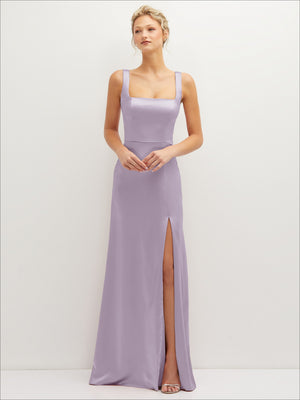 Square-neck satin A-line maxi dress in lavender purple with thin straps and front slit