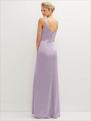 Square-neck satin A-line maxi dress in lavender purple, open back view with long front slit