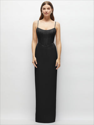 Black corset-style maxi dress with adjustable spaghetti straps, fitted column silhouette