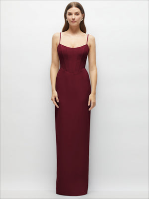 Corset-style crepe column maxi dress in burgundy with adjustable spaghetti straps