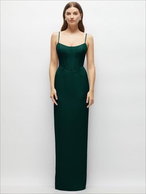 Hunter green corset-style crepe column maxi dress with thin straps, square neckline