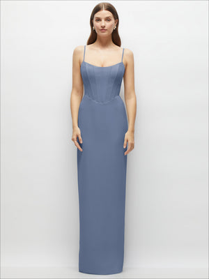 Lavender corset-style column maxi dress with adjustable spaghetti straps
