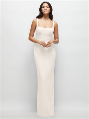 Ivory corset midriff crepe column maxi dress with spaghetti straps and fitted bodice