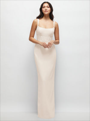 Ivory corset-style column maxi dress with spaghetti straps and straight neckline