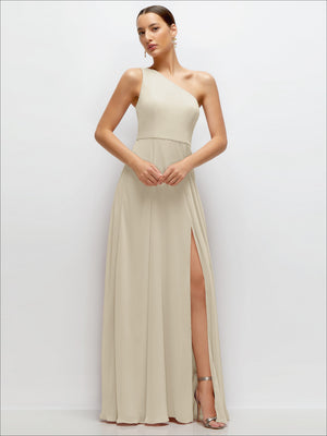 Ivory one-shoulder chiffon maxi dress with draped bodice and front slit