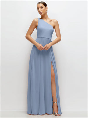 Powder-blue one-shoulder chiffon maxi dress with side slit and gathered waist