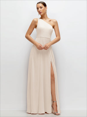 Ivory one-shoulder chiffon maxi dress with front slit and draped waistband