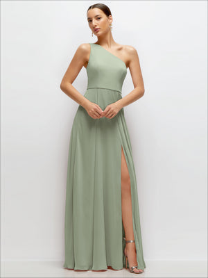 One-shoulder chiffon maxi dress in green with side slit, fitted bodice, and circle skirt.