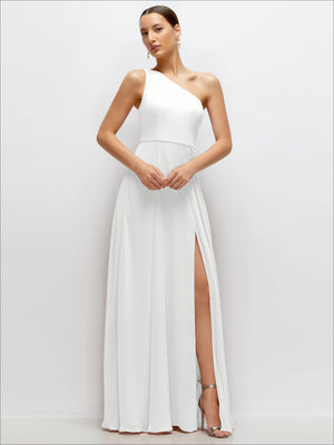 White one-shoulder chiffon maxi dress with draped circle skirt and side slit, front view