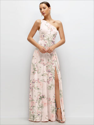 Floral chiffon one-shoulder maxi dress in blush pink with side slit