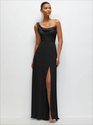 Chiffon One-Shoulder Maxi Dress with Draped Cowl Neckline