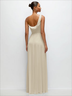 Chiffon One-Shoulder Maxi Dress with Draped Cowl Neckline