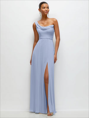 Chiffon One-Shoulder Maxi Dress with Draped Cowl Neckline