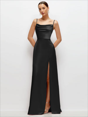 Cowl Neck Satin Maxi Dress with Adjustable Spaghetti Straps