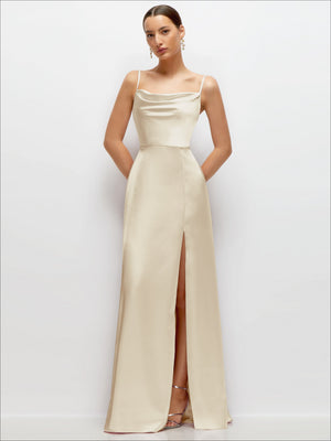Cowl Neck Satin Maxi Dress with Adjustable Spaghetti Straps