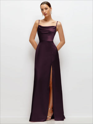 Cowl Neck Satin Maxi Dress with Adjustable Spaghetti Straps