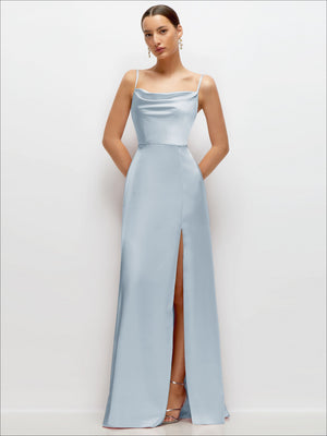 Cowl Neck Satin Maxi Dress with Adjustable Spaghetti Straps