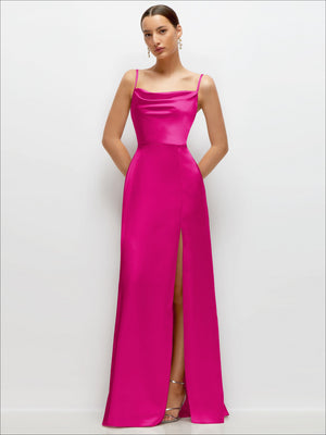 Cowl Neck Satin Maxi Dress with Adjustable Spaghetti Straps