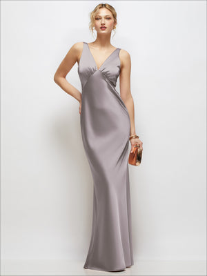 Sleeveless V-Neck Stretch Satin Bias Slip Maxi Dress