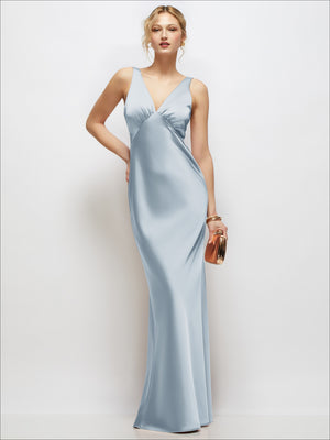 Sleeveless V-Neck Stretch Satin Bias Slip Maxi Dress