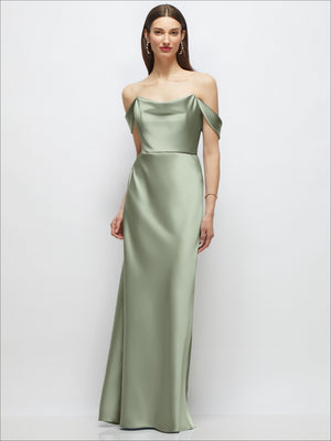 A-line stretch satin maxi dress with off-shoulder drape straps, light sage green