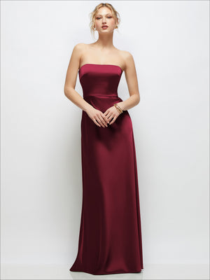 Cabernet strapless satin maxi dress with fitted bodice and A-line skirt