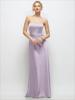 Lilac strapless satin A-line maxi dress with fitted bodice and full skirt