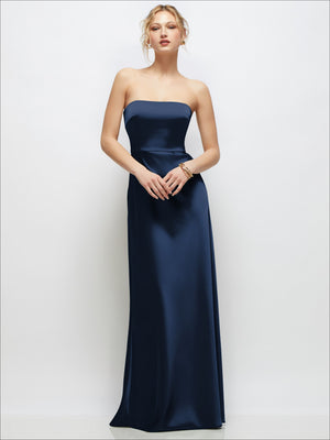 Strapless A-line stretch satin maxi dress, midnight navy, strapless bodice with flowing skirt