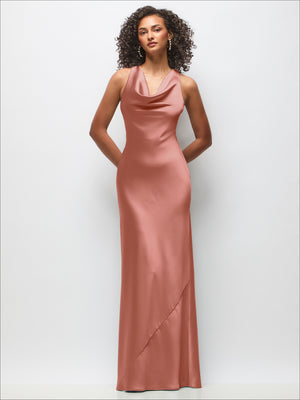Cowl Neck Criss-Cross Back Satin Maxi Dress