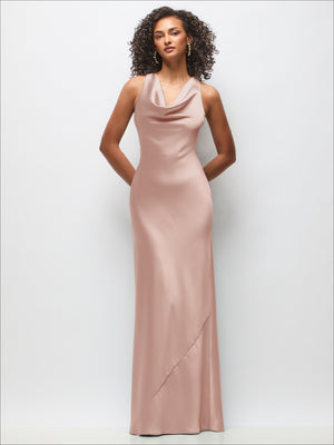 Cowl Neck Criss-Cross Back Satin Maxi Dress
