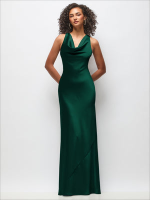Cowl Neck Criss-Cross Back Satin Maxi Dress