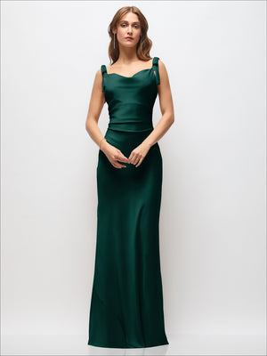 Satin cowl neck maxi dress in deep green, ruched side and tie shoulder bows, front view