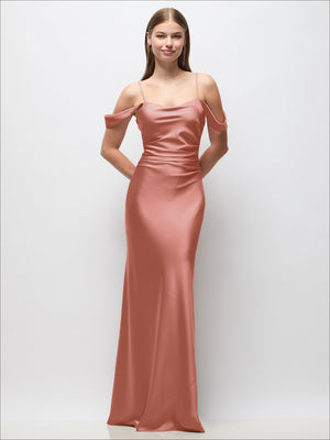 Rose satin off-shoulder maxi dress with ruched sides and adjustable spaghetti straps