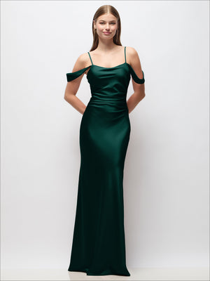 Emerald green satin off-shoulder maxi dress with ruched side detail and adjustable spaghetti straps