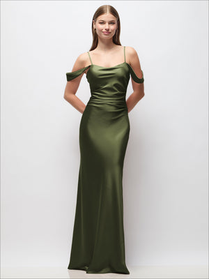 Olive green satin off-shoulder maxi dress with ruched side drape and adjustable spaghetti straps