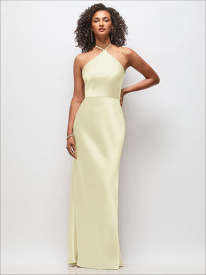 Stretch satin maxi dress in light yellow, high-neck halter with fitted A-line skirt.