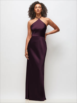 Plum stretch satin maxi dress with high halter neckline and bias A-line skirt
