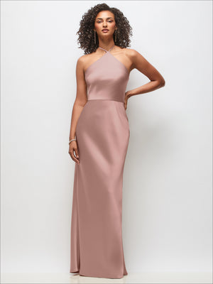 Ballet pink stretch satin halter maxi dress with high neckline and A-line skirt