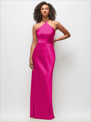 Magenta stretch satin maxi dress with high halter neckline and bias A-line skirt