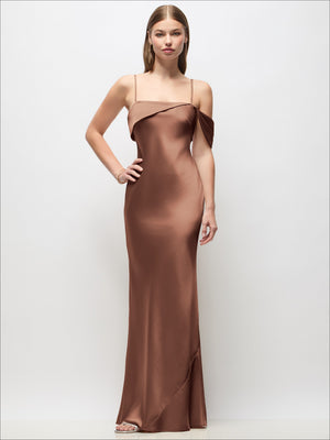 Asymmetrical Cuff Neck Stretch Satin Bias Maxi Dress with Adjustable Spaghetti Straps
