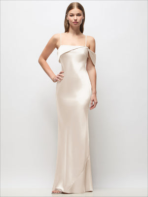 Asymmetrical Cuff Neck Stretch Satin Bias Maxi Dress with Adjustable Spaghetti Straps